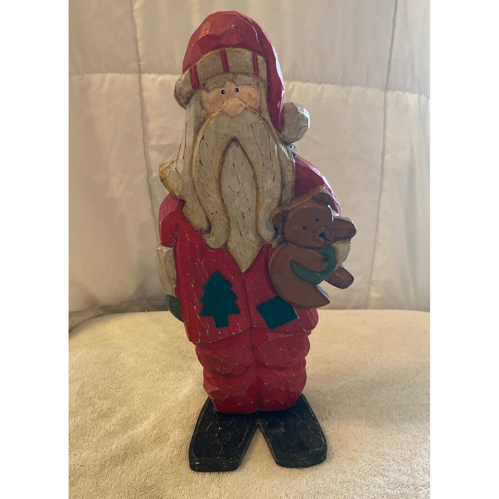 Vintage Hand Carved Style Santa Claus Figurine Rustic Christmas Folk Art Decor